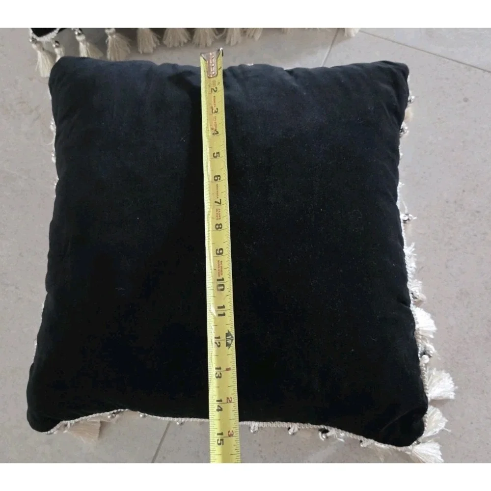Set 2 Black Velvet Throw Pillows Tassel Fringe Gothic Romantic Dark Boho Chic